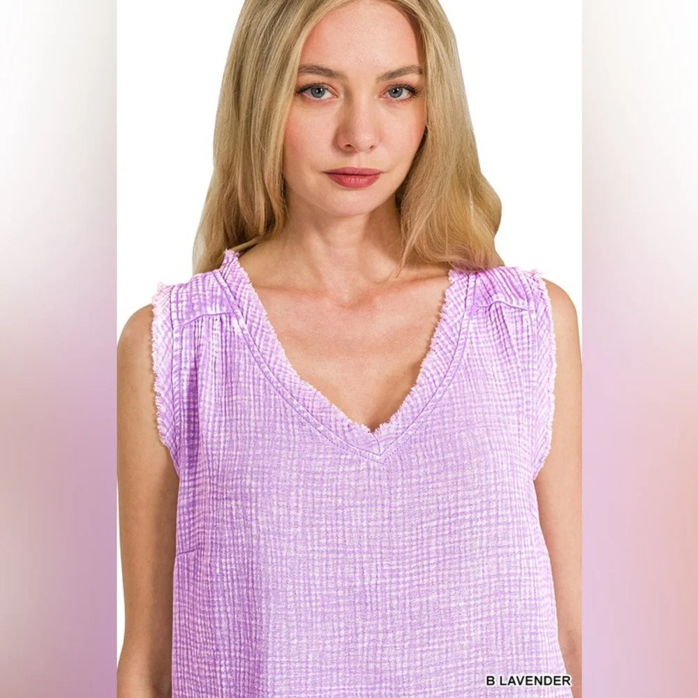 Zenana Light Teal Double Gauze Raw Edge Acid Washed Tank Top
